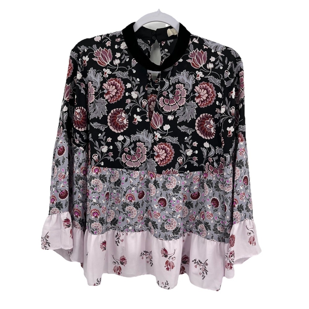 NWT $60 Ann Taylor LOFT Loft Mixed Flowers Tiered Velvet Collar Boho Blouse M